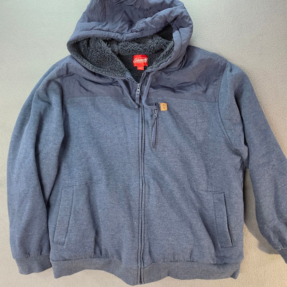 Coleman Mens XXL Blue Sherpa Lined Full Zip Hoodie Jacket Nylon Overlay
